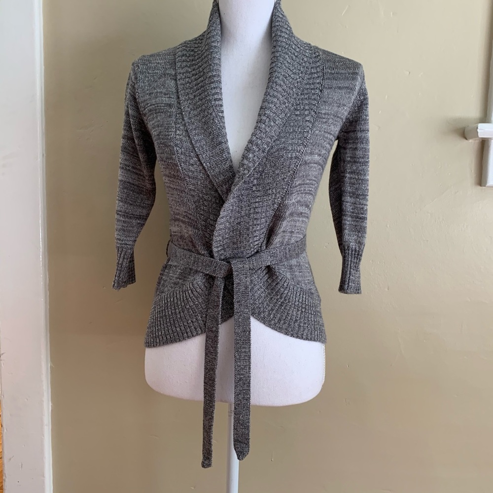 IZ Byer Cardigan Sweater Gray Silver Shimmer Open Belted 3/4 Sleeve Small